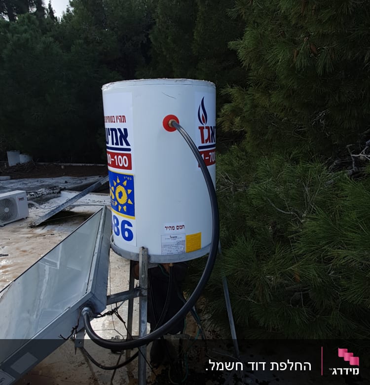 דוד שמש עם צינורות על גג ליד עצים